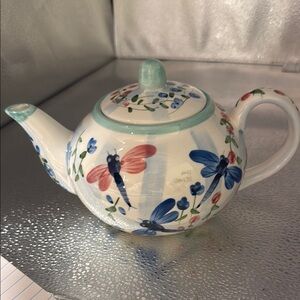 Vintage Hand Painted Floral Teapot with Dragonfly Design